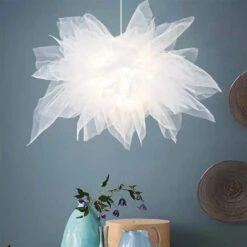 White Fabric Cloth Flower Pendant Light Fixture Nordic Hanging Ceiling Lamp