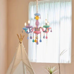 Macaron Crystal Chandelier European Candle Pendant Light Cartoon Princess Room