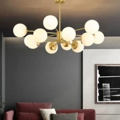 12-Light Golden Molecular Shaped Chandelier Lamp White Glass Ball Shade