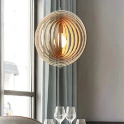 Handcrafted Wood Round Globe Pendant Lampshade -Demolights Sales Store DL10296HandcraftedNaturalWoodPendantLampshade 1