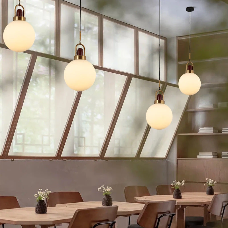 Modern Design Hanging Lamp White Glass Shade Pendant Light With Wooden Top 4 Modern Design Hanging Lamp White Glass Shade Pendant Light With Wooden Top - Image 4