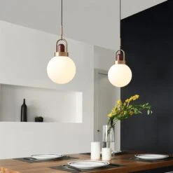 Modern Design Hanging Lamp White Glass Shade Pendant Light With Wooden Top