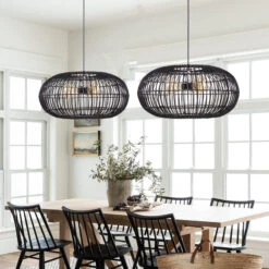 3-Lights Black Oval Rattan Pendant Light