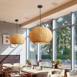 Round Wicker Rattan Basket Pendant Light