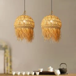 Unique Shade Bamboo Hanging Lighting Modern Style