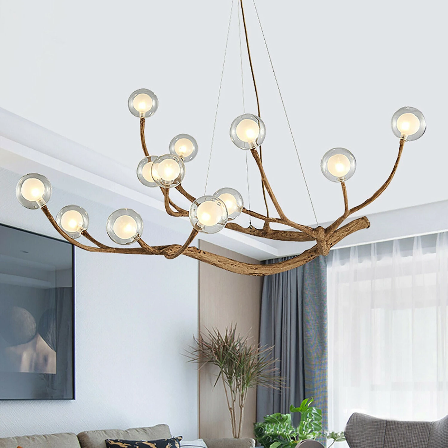 Nordic Rustic Tree Branch Hanging Chandelier With Bubble Glass Lighting 13 Nordic Rustic Tree Branch Hanging Chandelier With Bubble Glass Lighting - Image 13