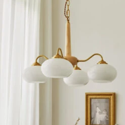 4/6 Lights LED Chandelier Light Modern Style Wood Glass Pendant Light For Living Room -Demolights Sales Store DL2025 wood 4lights 1