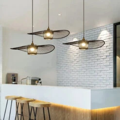 Black/Log Bamboo Pendant Light Natural Wicker Light Fixture