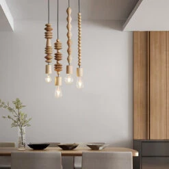 Modern Solid Wood Bead Chain Hanging Pendant Lights