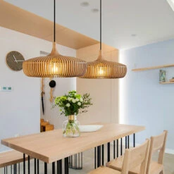 Natural Wood Pendant Lights Over Kitchen Island