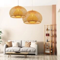 Bamboo Drum Hanging Ceiling Lights Woven Chandelier Lamp Shades